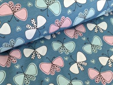 Reststück Baumwolljersey Lovly Schmetterling Jeansblau 118 x 145 cm